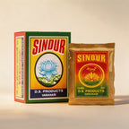 Sindur packaging with box and packet on a beige background