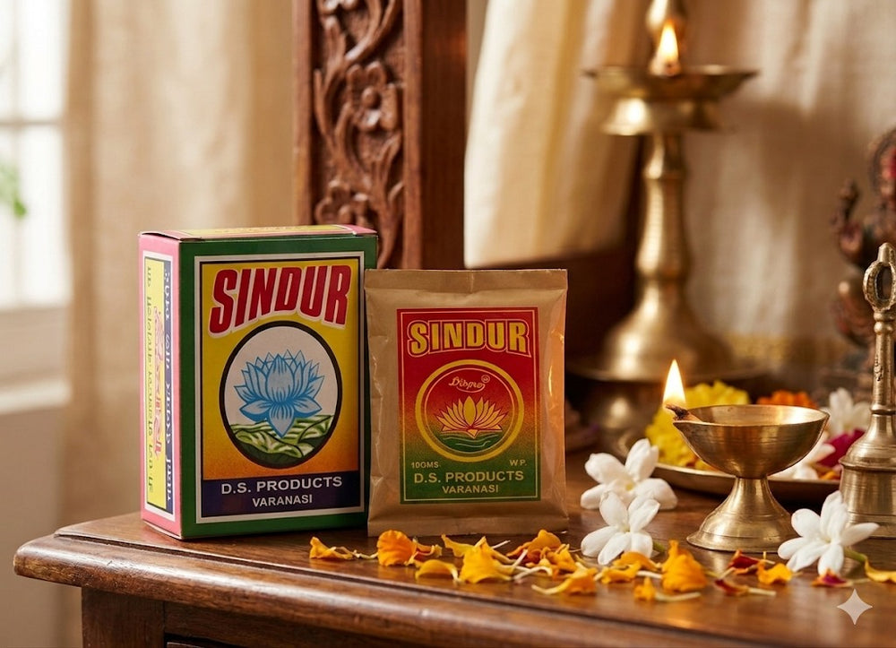 Sindur packaging on a wooden table with decorative elements