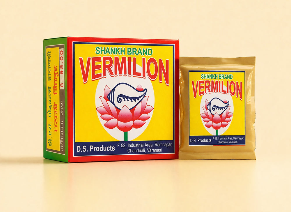 Shankh Brand Vermilion packaging on a beige background