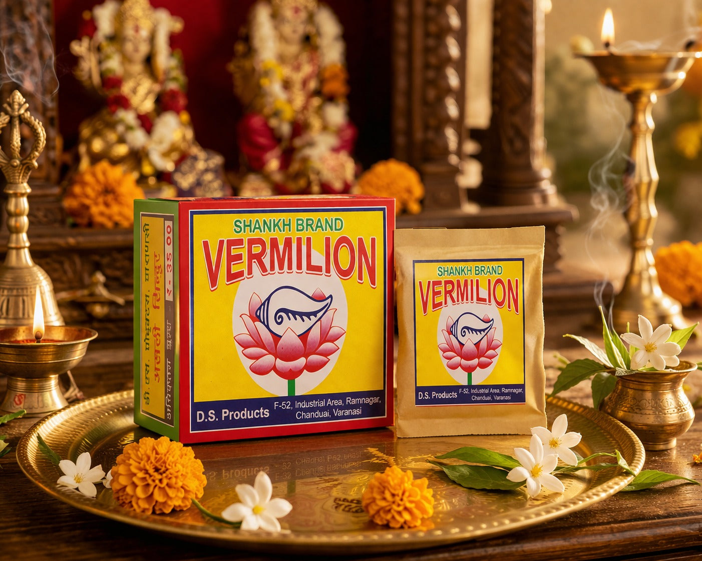 Shankh Brand vermillion packets on a decorative tray with flowers and religious items in the background