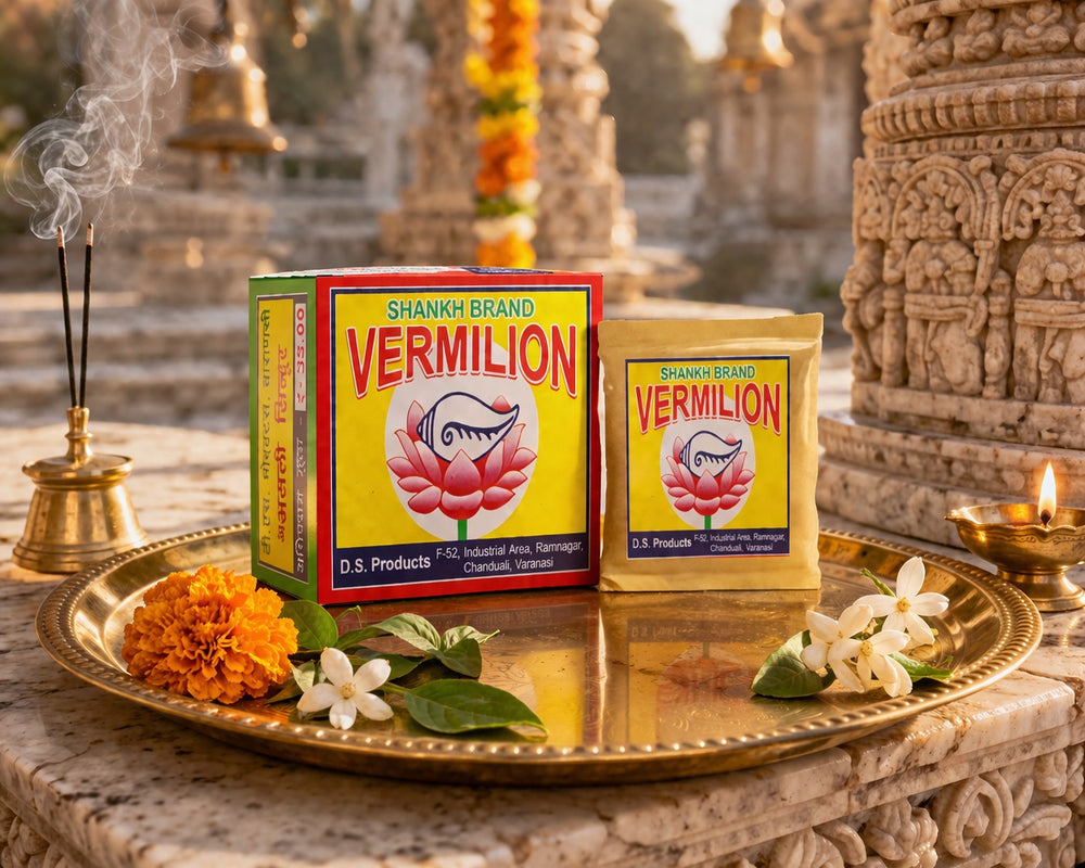 Shankh Brand vermiculite packaging on a decorative tray with flowers in front of temple architecture.