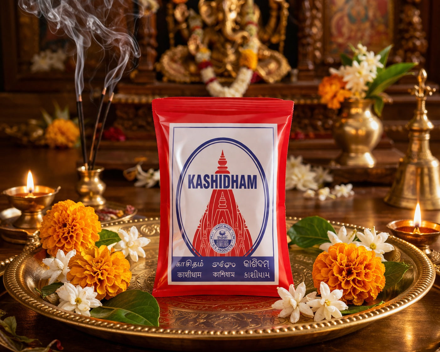 Kashidham package on a decorative tray with flowers and candles in a religious setting