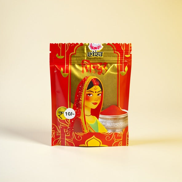 Red and gold packaging with an illustration of a woman holding a bowl on a beige background