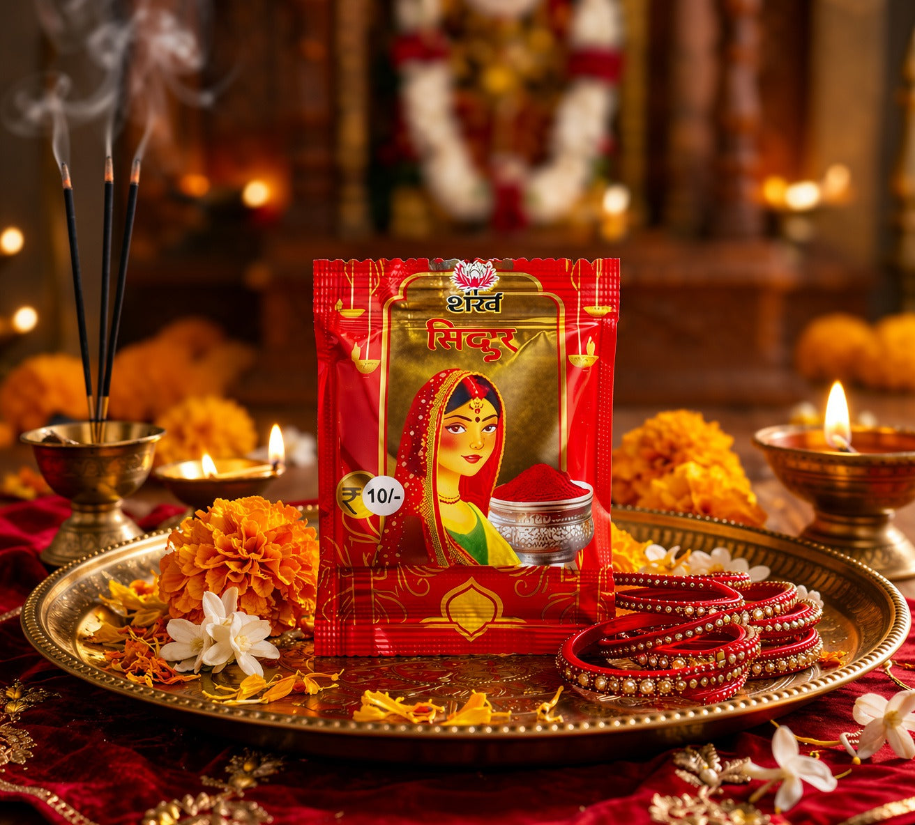 Red packet with a woman's face on a decorative tray with flowers and candles
