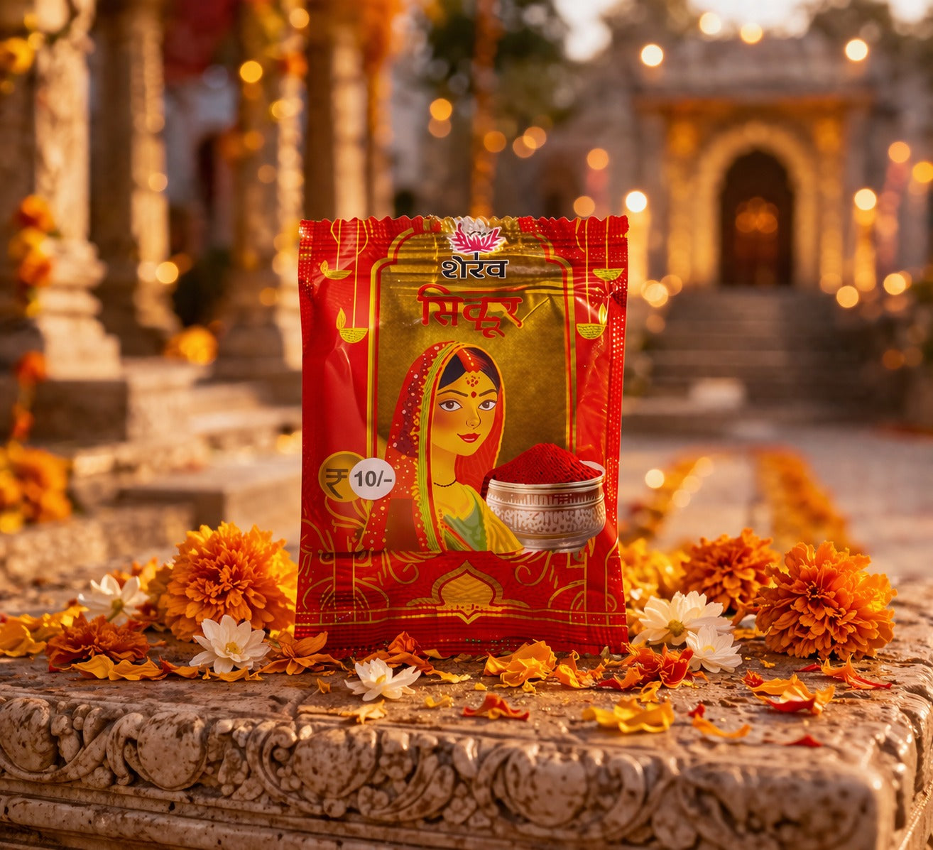 Red packet with a woman's face on it, surrounded by flowers and traditional decor, in front of a temple.