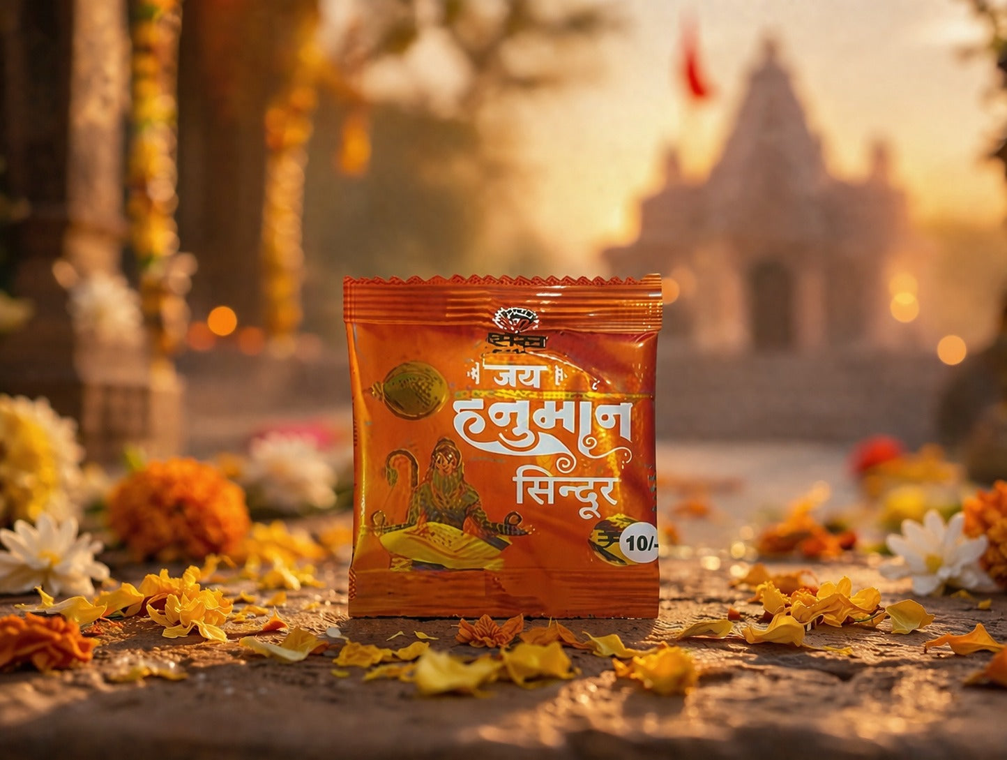 Orange packet with text on a decorative background with flowers and a blurred structure