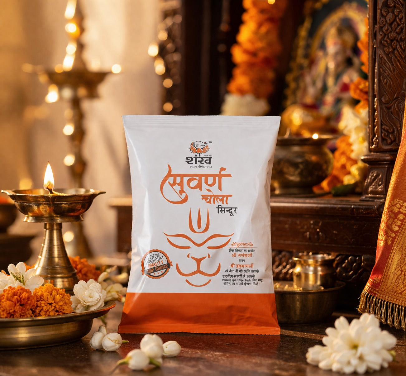 Shree Swargaroh Chawala package on a traditional setting with flowers and lights