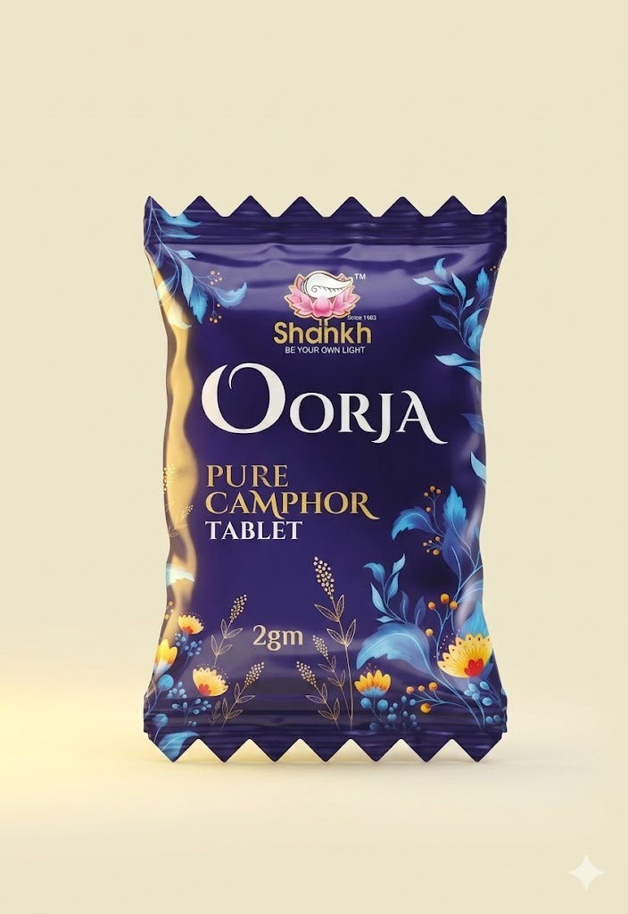 Oorja pure camphor tablet packaging with blue design on a beige background