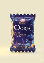 Oorja pure camphor tablet packaging with blue design on a beige background