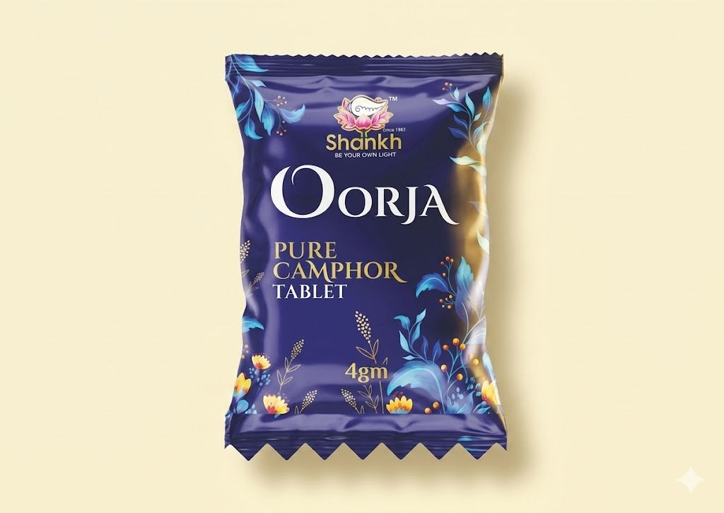 Shankh Oorja Pure Camphor Tablet packaging on a beige background