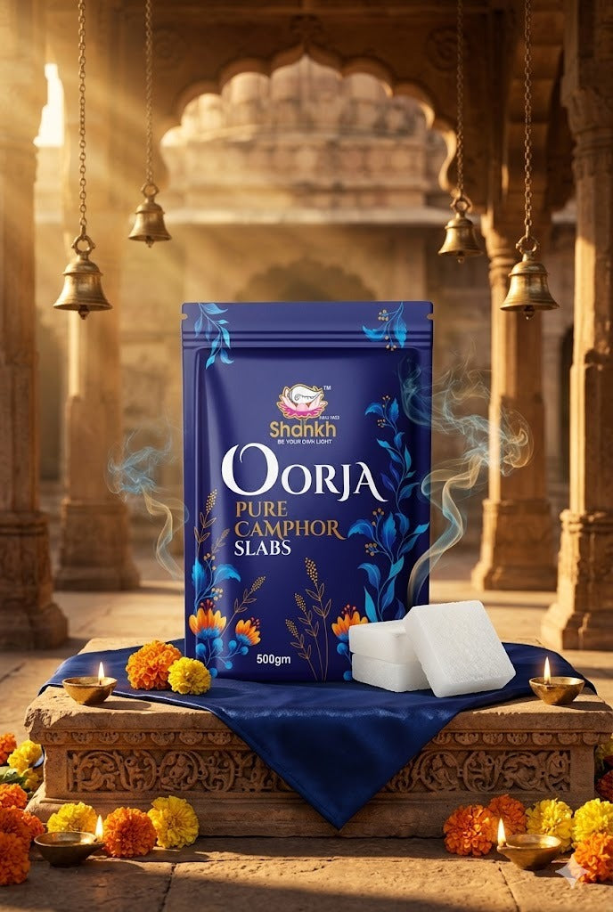 Shankh Oorja Pure Camphor Slabs packaging in a traditional setting with flowers and candles.