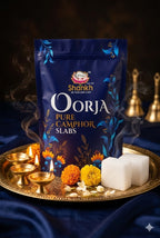 Shankh Oorja pure camphor slabs packaging with decorative elements on a dark background