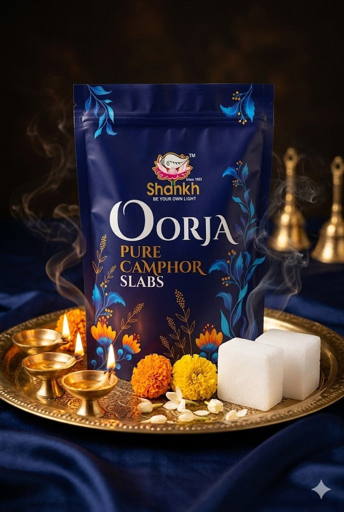 Shankh Oorja pure camphor slabs packaging with decorative elements on a dark background