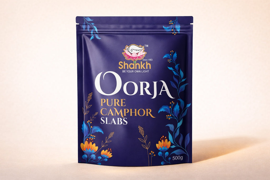 Shahkh Oorja Pure Camphor Slabs packaging on a light background