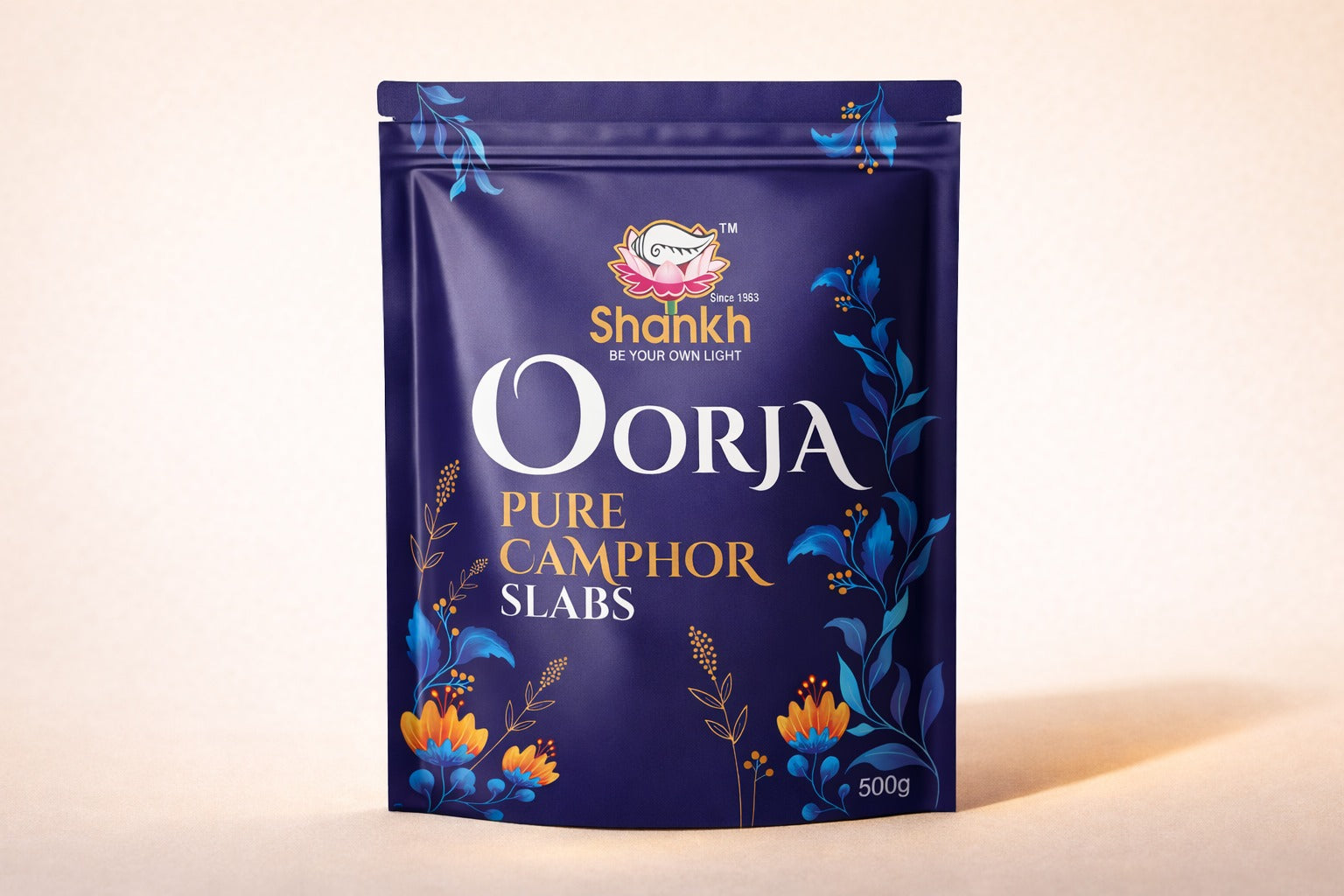 Shahkh Oorja Pure Camphor Slabs packaging on a light background