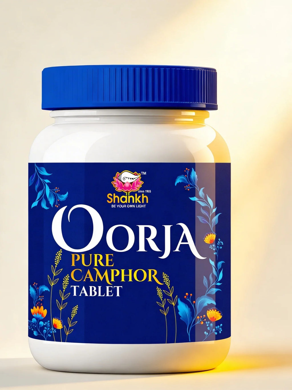 Shankh Oorja Pure Camphor Tablet container with blue lid and label on a light background