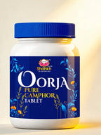 Shankh Oorja Pure Camphor Tablet container with blue lid and label on a light background