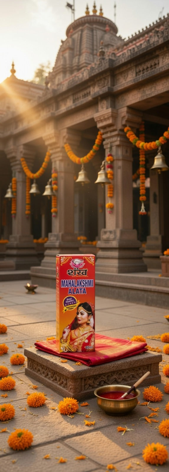 Red box on a platform with decorative elements in front of a temple.