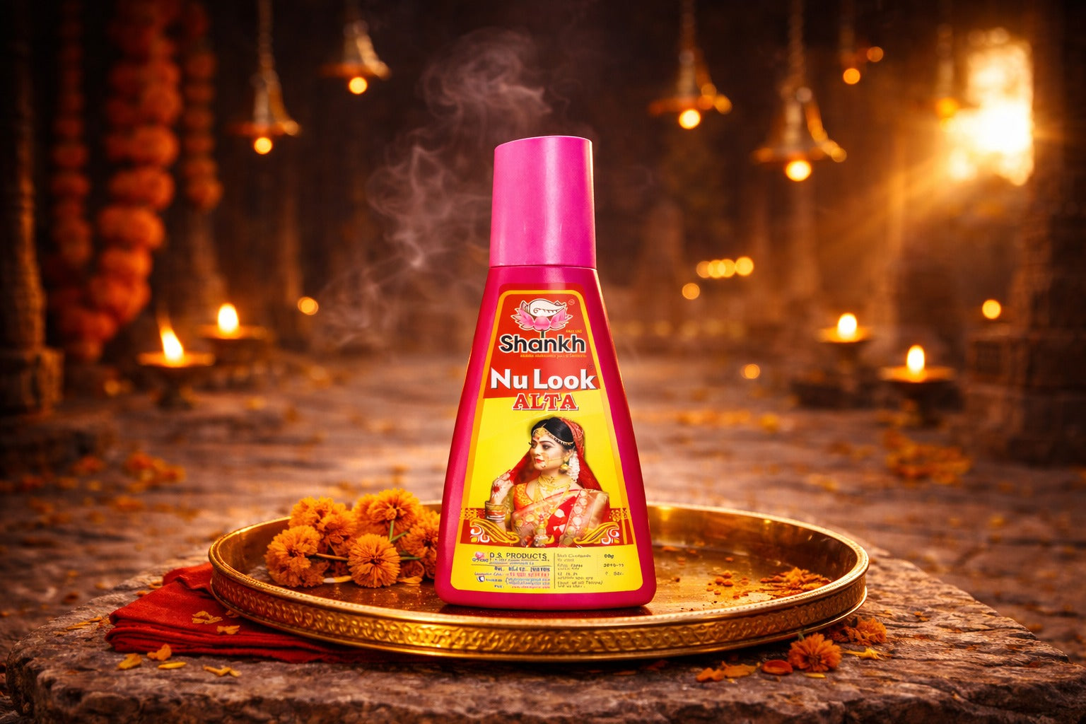 Shahnaz Husain Nu Look Alfa hair oil bottle on a decorative tray with a warm, blurred background.