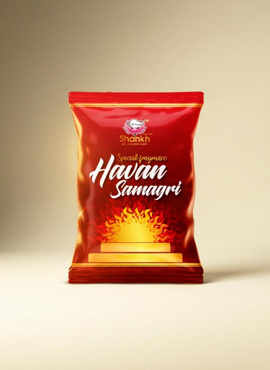 Red packet of Shankh Havan Samagri on a beige background