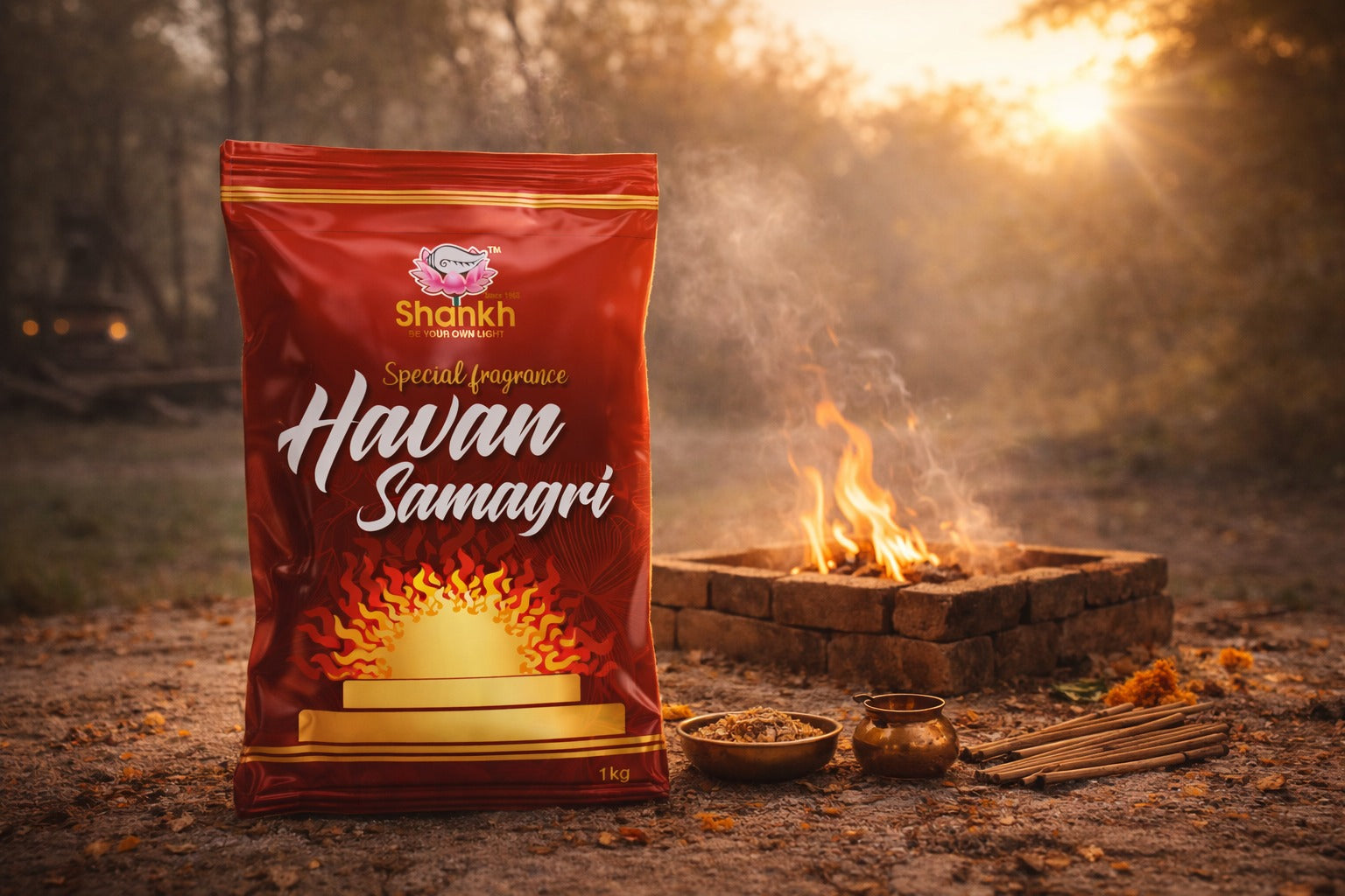 Shankh Havan Samagri packaging with a fire pit and flames in the background