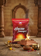 Shankh Havan Samagri packaging with a traditional setting featuring fire and sacred items.