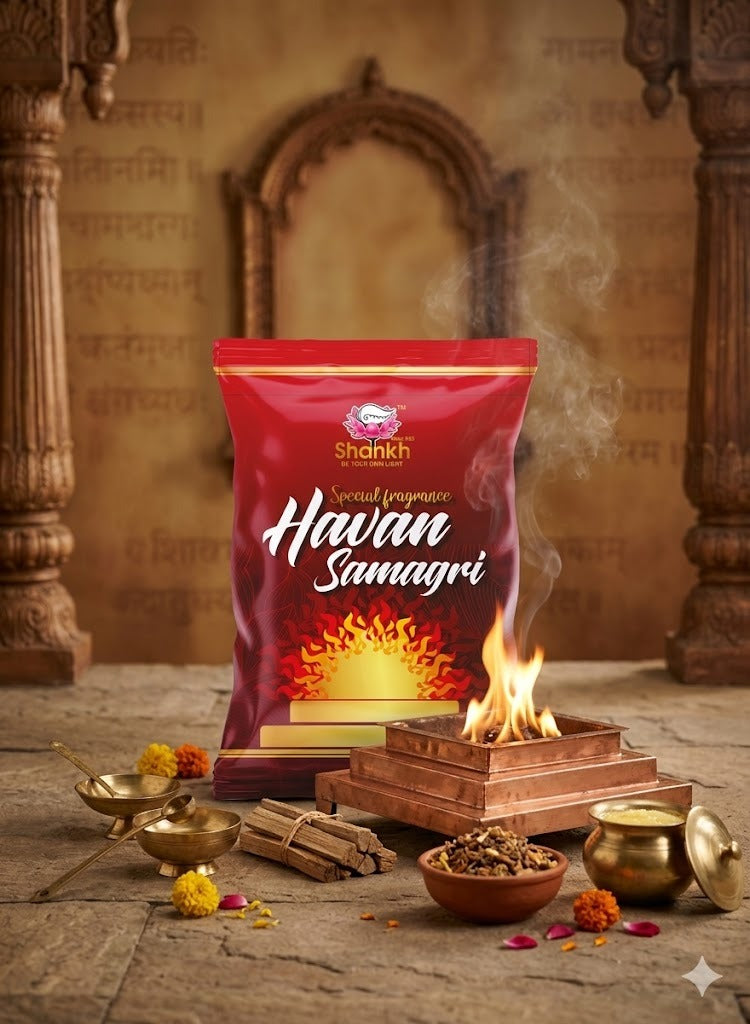 Shankh Havan Samagri packaging with a traditional setting featuring fire and sacred items.