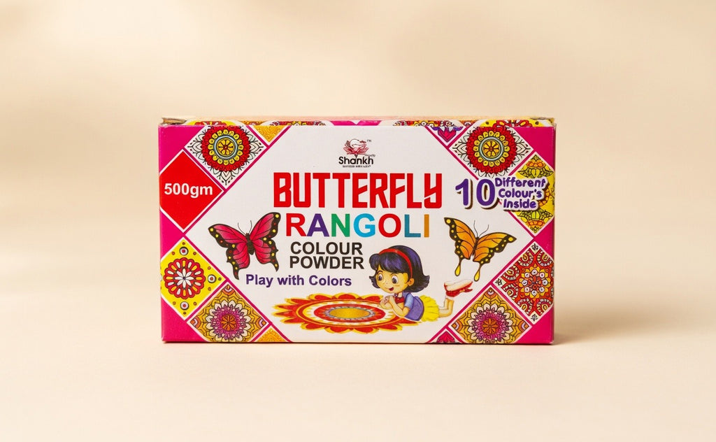 Box of Butterfly Rangoli Color Powder with colorful design on a beige background