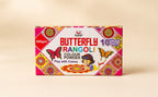 Box of Butterfly Rangoli Color Powder with colorful design on a beige background