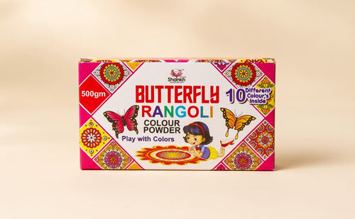 Box of Butterfly Rangoli Color Powder with colorful design on a beige background