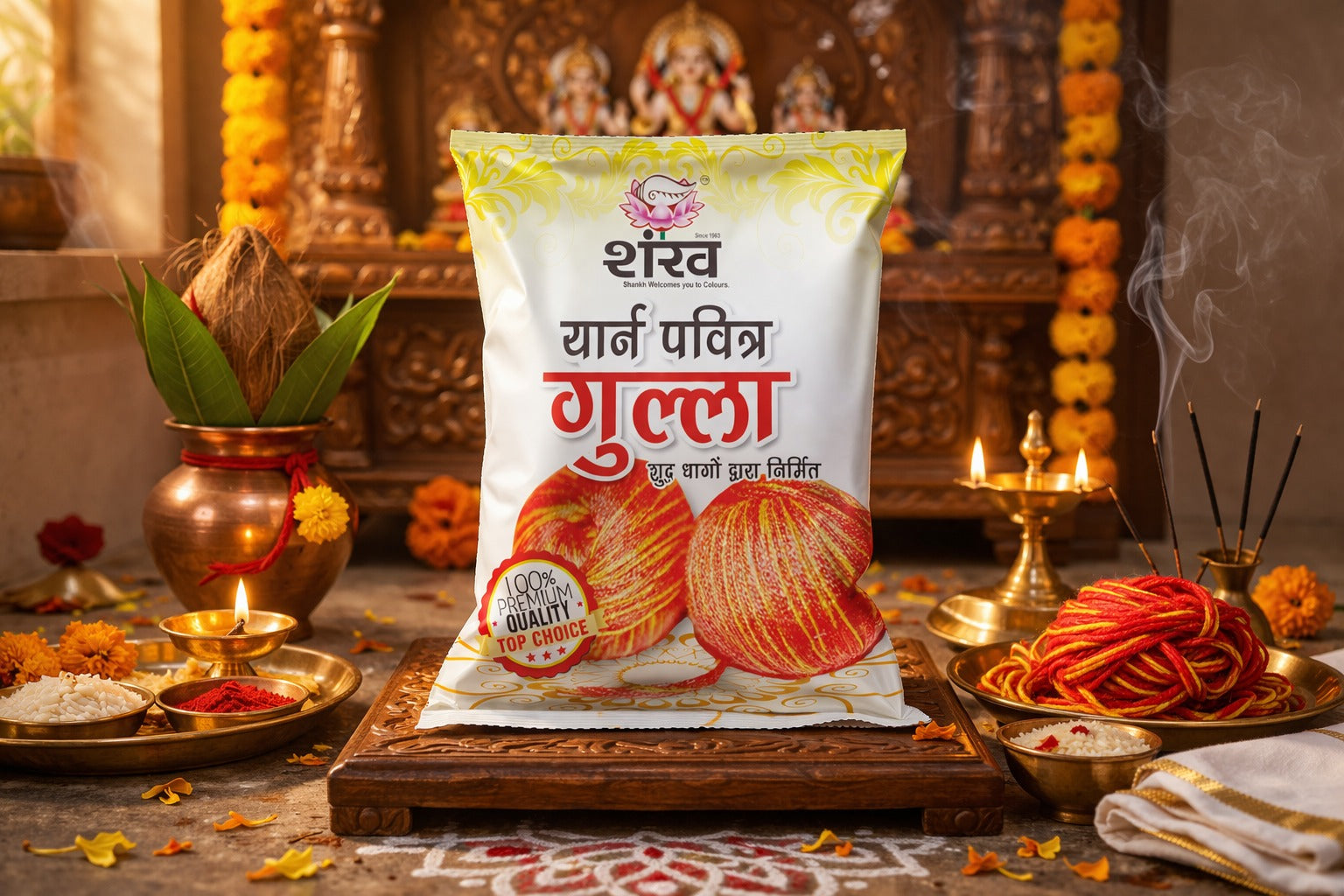 Packaged food item on a decorative table with religious symbols in the background