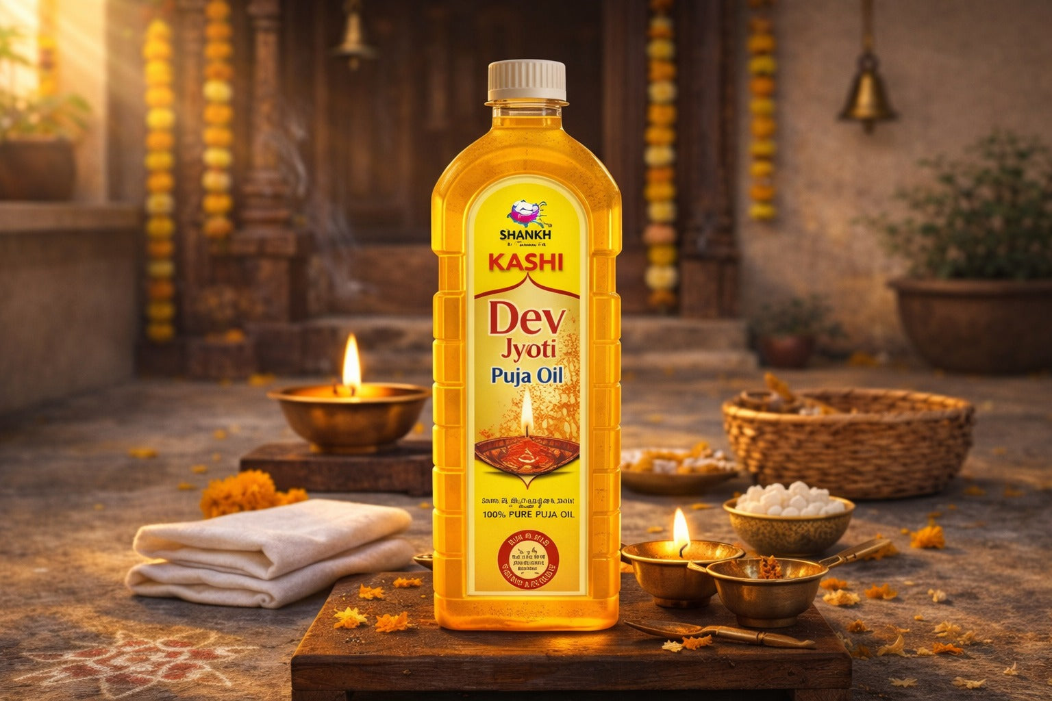 Kashi Dev Jyot Puja Oil bottle on a wooden platform with traditional items in the background
