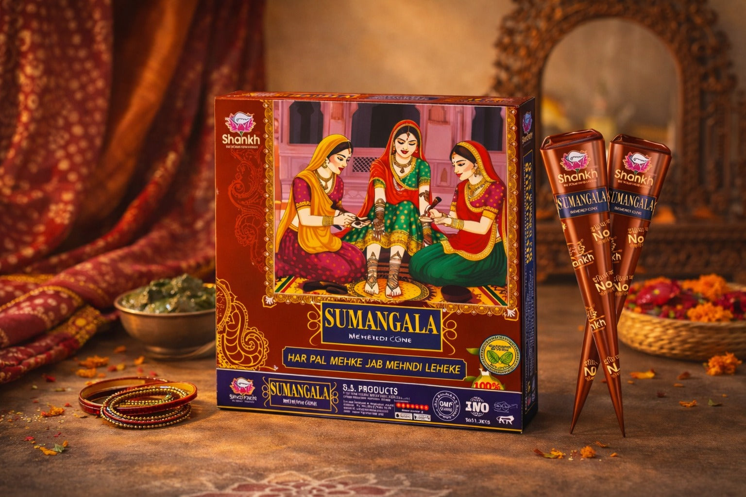 Sumangala product packaging with traditional design and two wooden sticks on a decorative background.