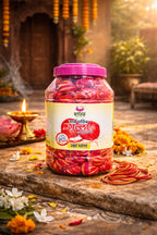 Jar of red vermicelli with a pink lid on a stone surface with decorative elements.