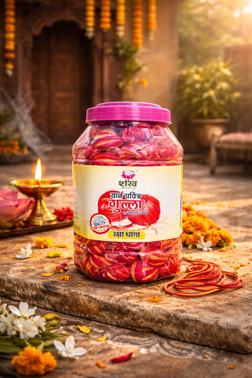 Jar of red vermicelli with a pink lid on a stone surface with decorative elements.