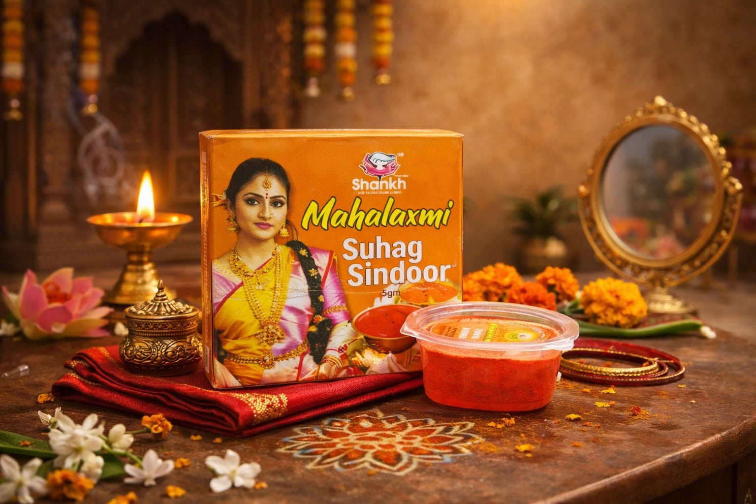 Shankar Mahalaxmi Suhag Sindoor box on a decorative table with flowers and a lamp.