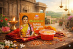 Shankh Mahalakshmi Suhag Sindoor box on a decorative setting with flowers and traditional items.