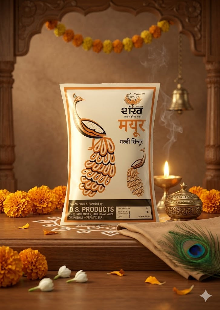 A decorative package with peacock design on a wooden surface with marigold flowers and a candle.
