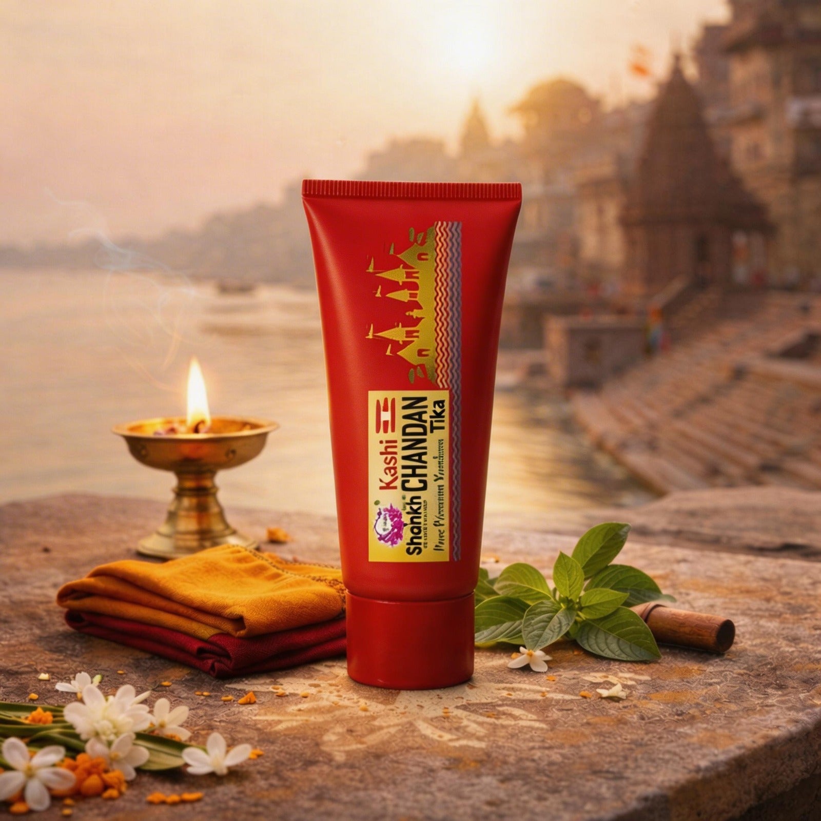 Red tube of Kashi Chandan Tika with traditional elements on a stone surface with a sunset background.