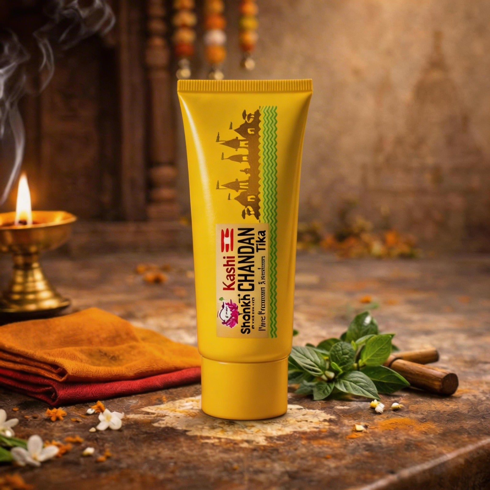 Yellow tube of Kashi Shikhar Chandan Tika on a rustic surface with leaves and a lit candle.