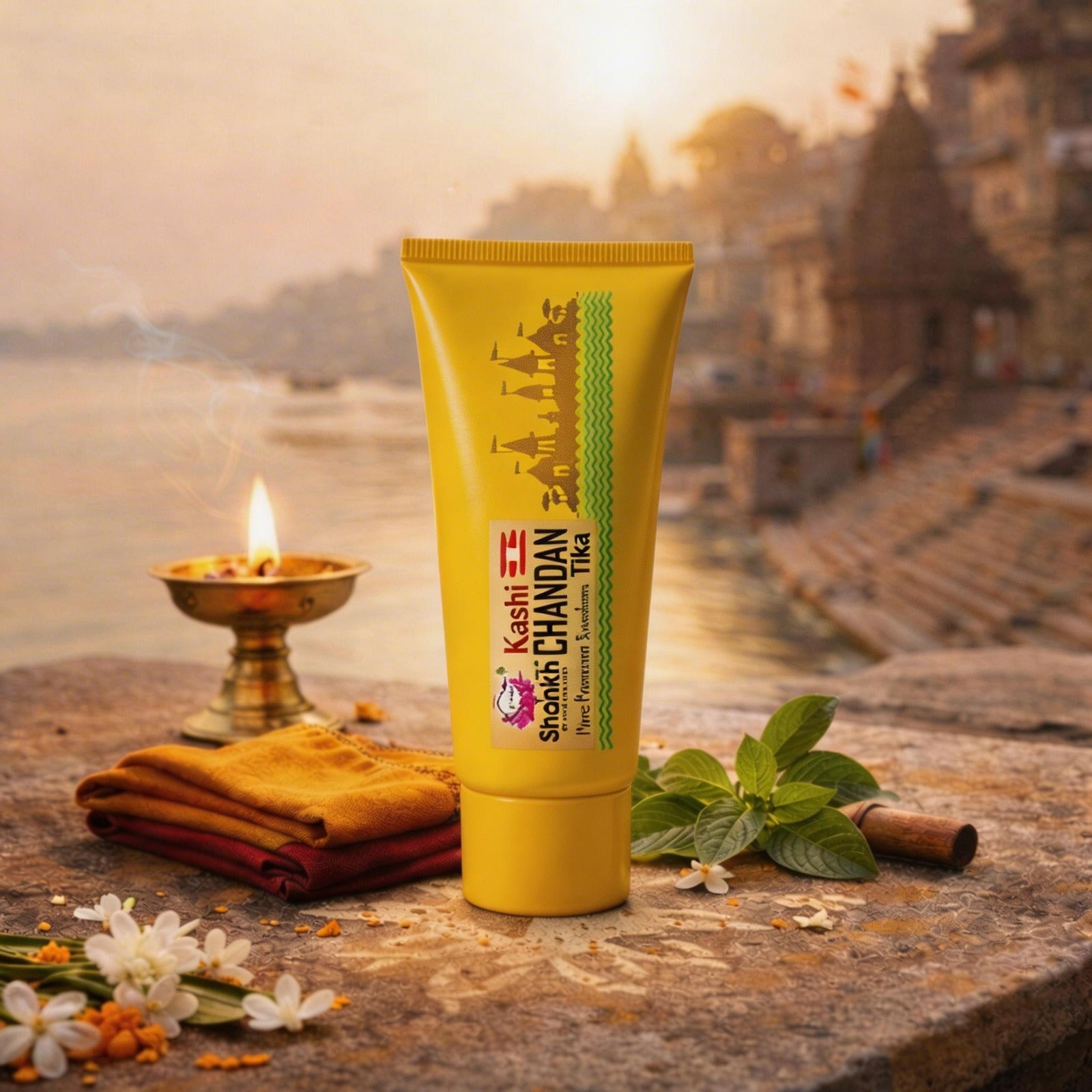 Yellow tube of Kashi Chandan Shampoo with traditional elements on a stone surface with a blurred temple background.