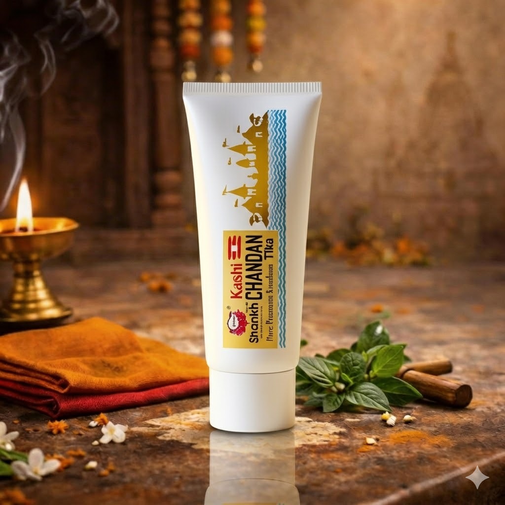 Tube of Kashi Chandan Tika on a wooden surface with decorative elements