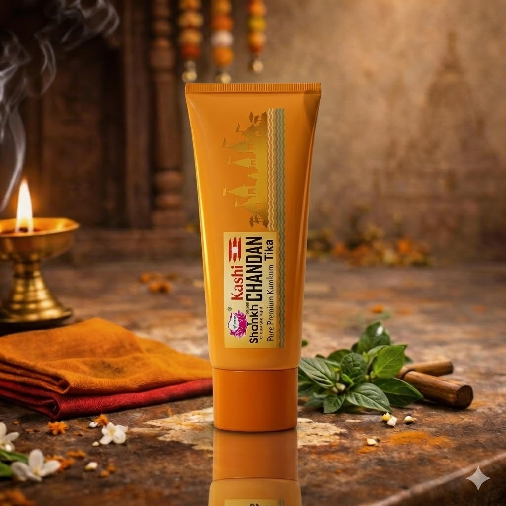 Tube of Kashi Chandan Tika on a rustic surface with decorative elements