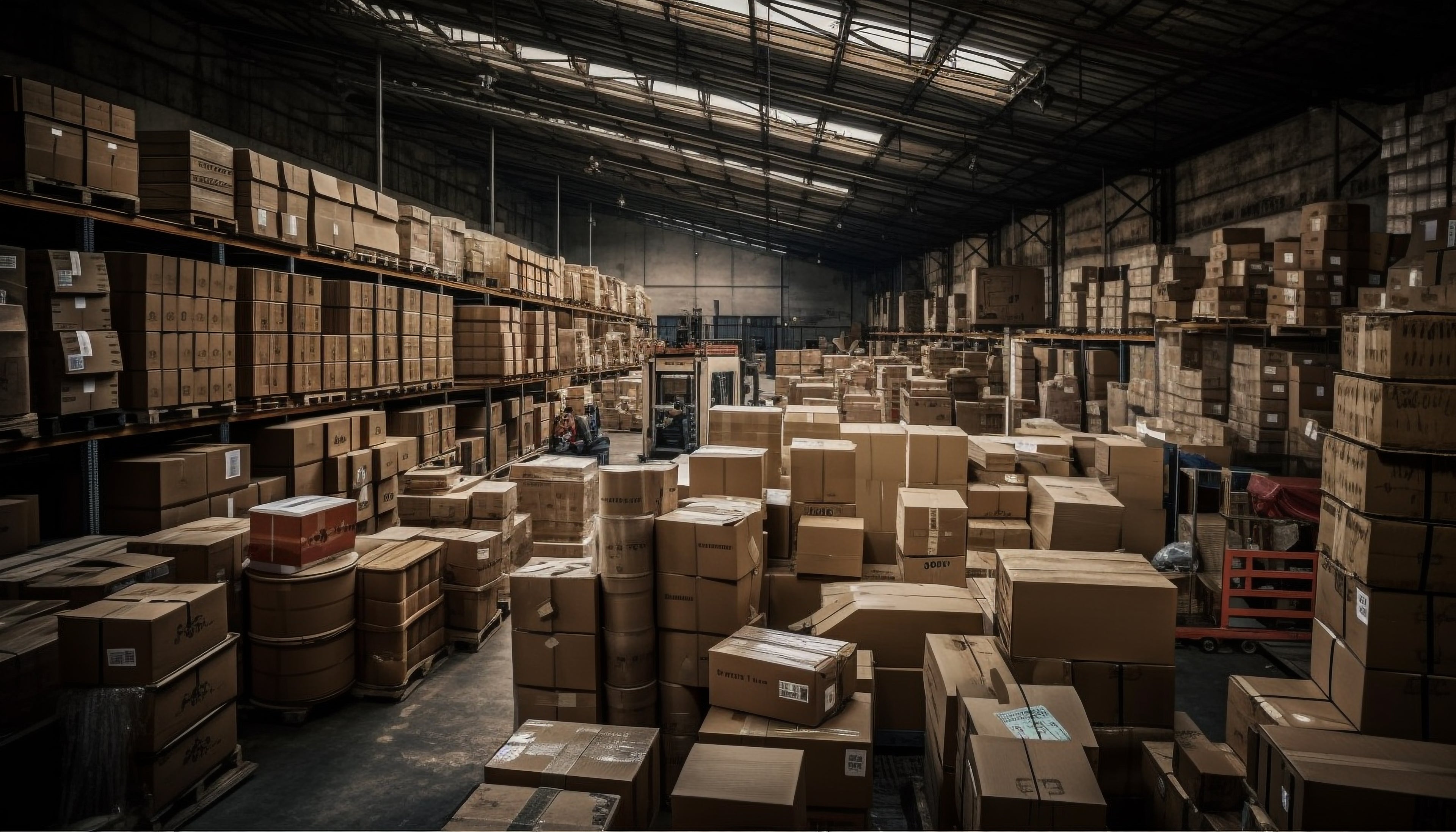 Large warehouse filled with stacked cardboard boxes