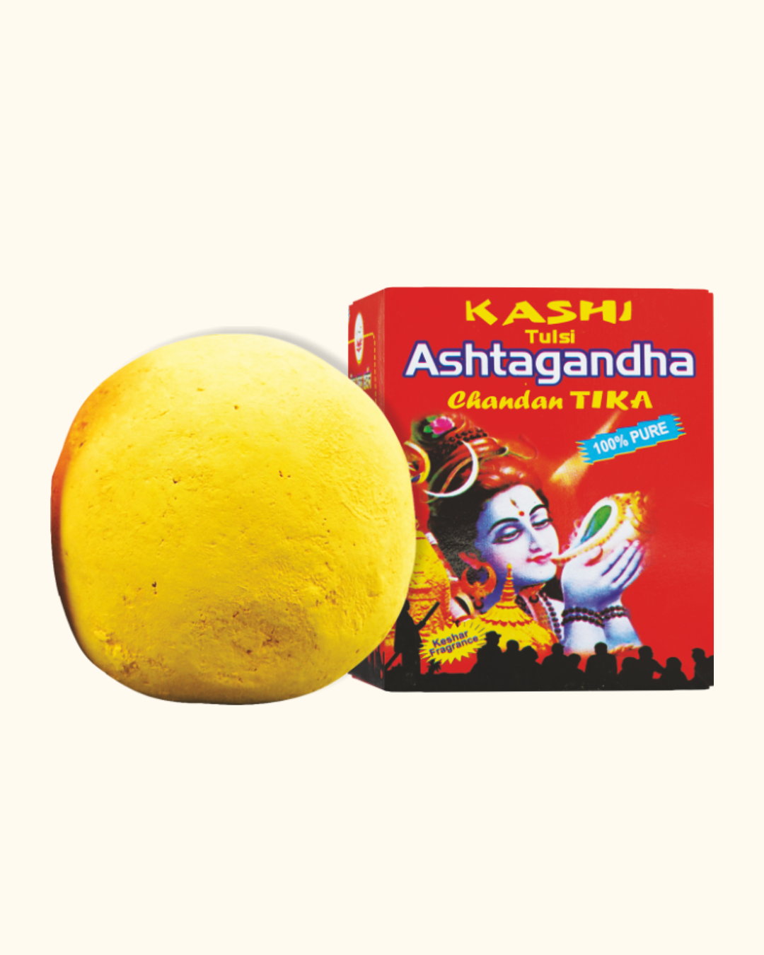 Yellow tika ball next to its packaging on a white background